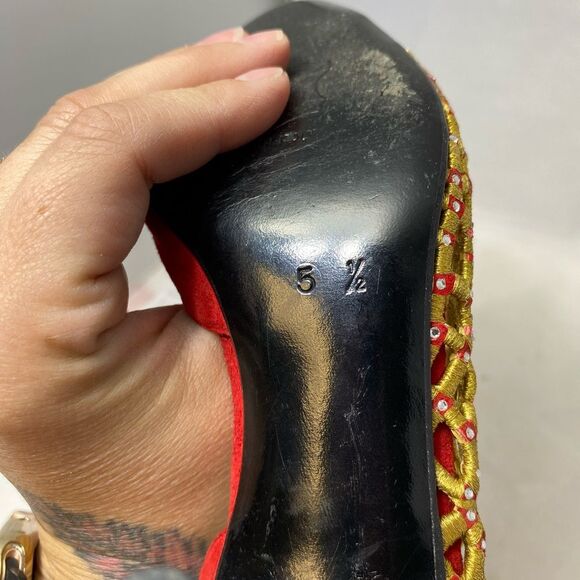 Vintage Mario Giordano Shoes Womens Size 5.5 Red Gold Sling Back 3" Heels - Picture 8 of 8